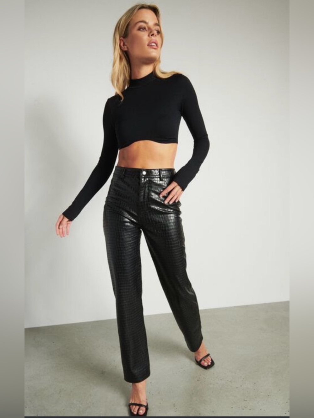 Dynamite Black Croc-Embossed Straight Leg Pants